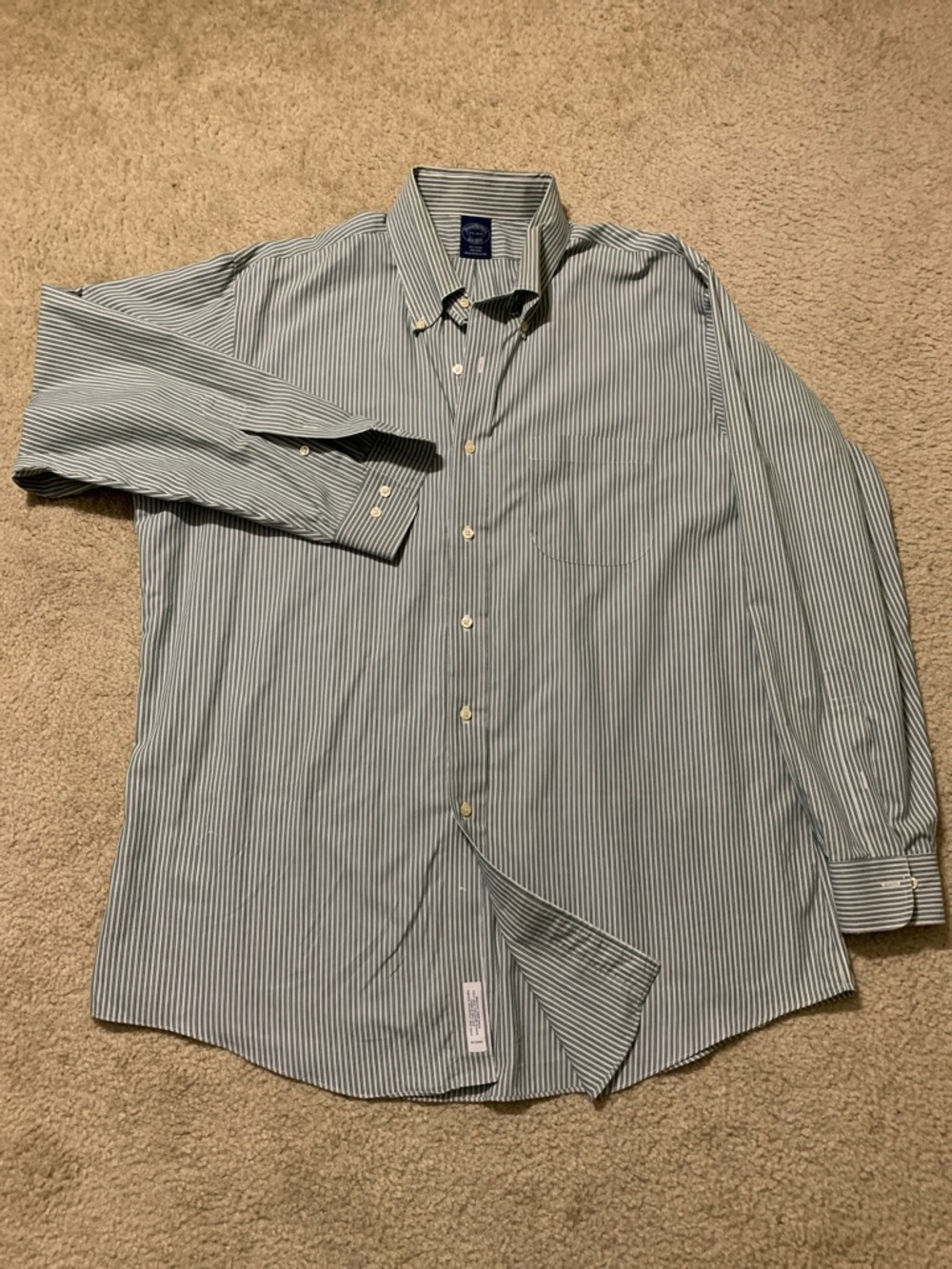 Brooks Brothers Men's Green and White Pinstripe Dress Shirt
